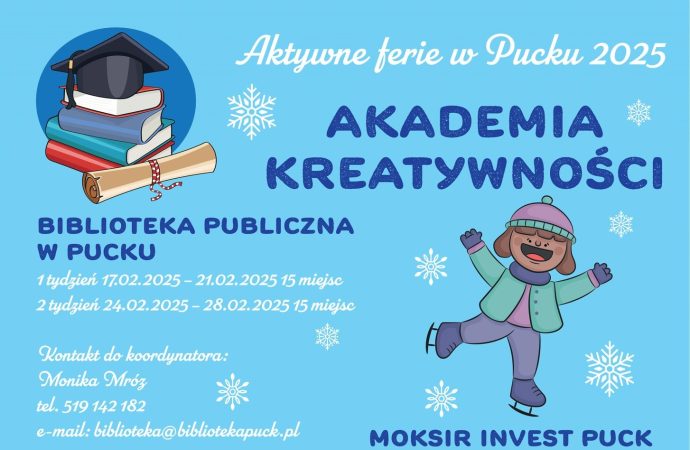 Aktywne Ferie w Pucku 2025 pod hasłem „Akademia Kreatywności”: zapisy ruszają 27 stycznia 2025 roku