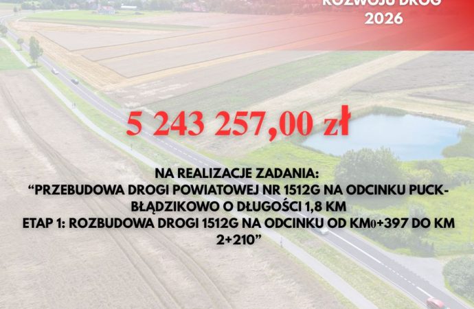 Ponad 5 mln zł na drogę z Pucka do Błądzikowa. Inwestycja poprawi bezpieczeństwo